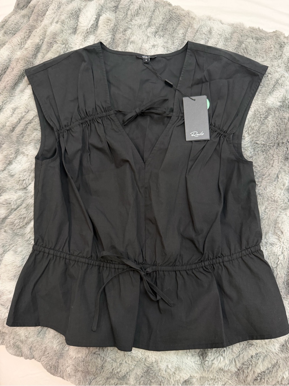 Rails Black Tie-Front Peplum Cap-Sleeve Top